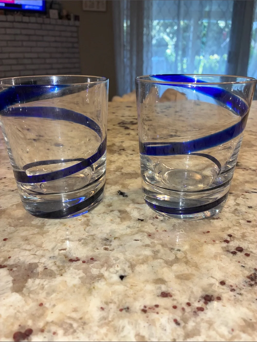Pier 1 Clear Handblown double old fashion glasses Cobalt Blue Band - Set of 2